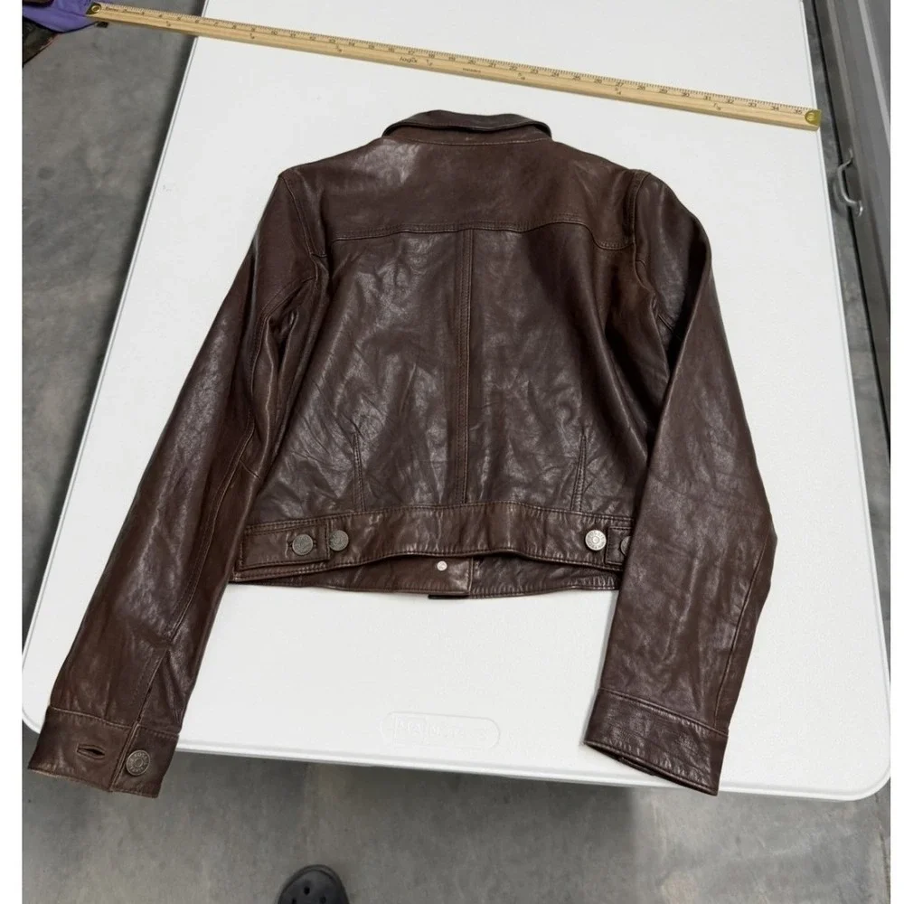 Fossil Brown Leather Cropped lamb leather Jacket Womens Trucker Button Front - Picture 5 of 9
